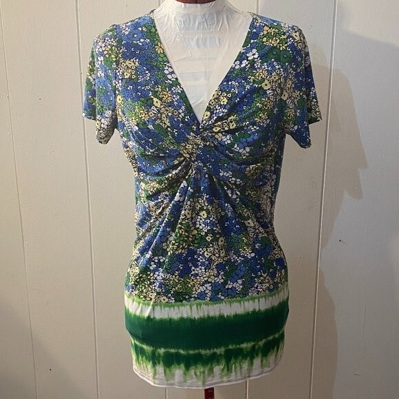 New Direction Boho Floral Tie Die V-Neck Short Sleeve Womens Top Size L - Picture 1 of 10